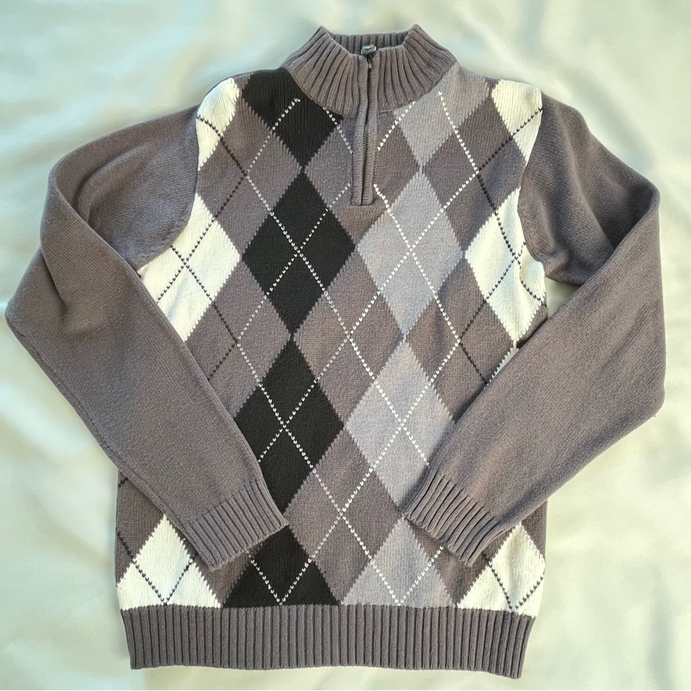 Childrens Place Argyle Sweater Kids XL Size 14 Grey Black White Quarter Zip
